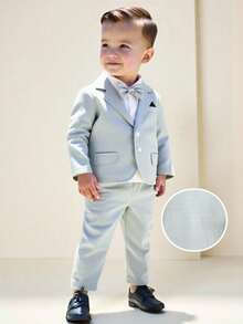 SHEIN 两件套男婴优雅正式绅士西装套装，包括带假口袋的长袖外套和松紧腰长裤，不含衬衫和领结，面料轻薄，适合6个月至3岁的宝宝，适合婚礼、花童、比赛、演出、家庭聚会、生日、洗礼和毕业典礼等场合。 - 彩色 - 查看 3
