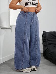 SHEIN PETITE CURVE 大码休闲纽扣口袋宽松牛仔裤 - 深色水洗藍 - 查看 1