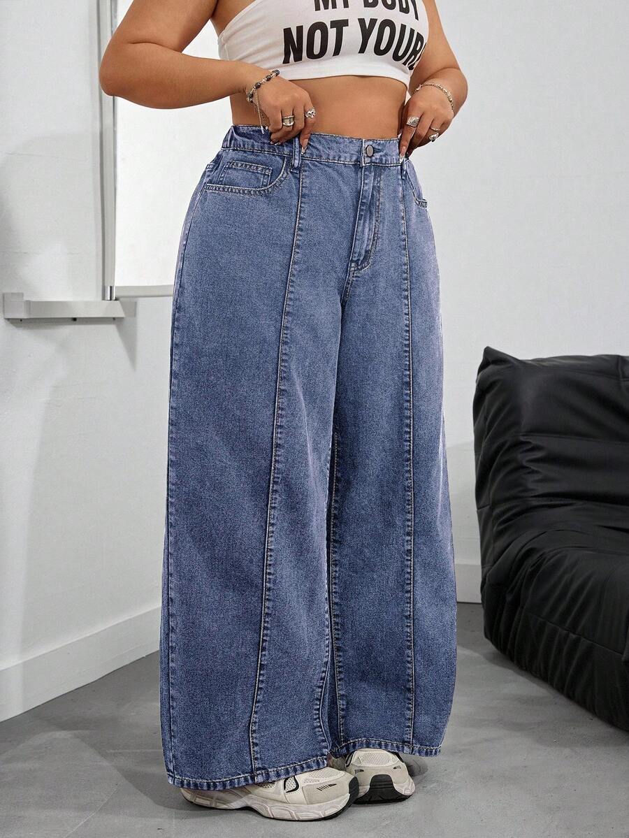 SHEIN PETITE CURVE 大码休闲纽扣口袋宽松牛仔裤 - 深色水洗藍 - 查看 1