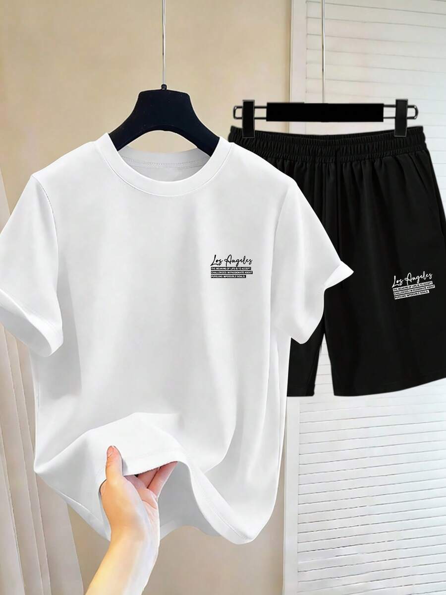 Chillumni Los Angeles Slogan Muster Kurzarm Rundhals T-Shirt & Shorts Set, klassisches vielseitiges Lässig T-Shirt & Shorts 2-teiliges Outfit für Herren - Verschiedenfarbig - Übersicht 1