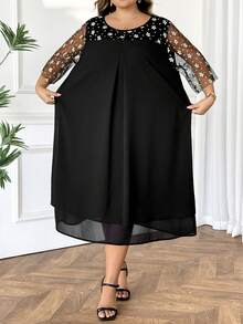 SHEIN CURVE+ Đầm cỡ lớn dáng rộng cổ tròn phối lưới hoa văn, thích hợp cho mùa hè - màu đen - Xem 4