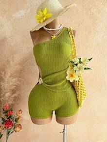 Soleia 女士镂空腰部左侧贝壳金属贴花纹理面料修身迷你连体裤，适合假日、约会、下午茶、度假、音乐节、波西米亚风、休闲度假、钩针编织、亚麻等场合。 - 綠色 - 查看 3