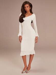 Athîral Women's Casual Pink Ruffle Hem Mid-Length Dress - White - View 4