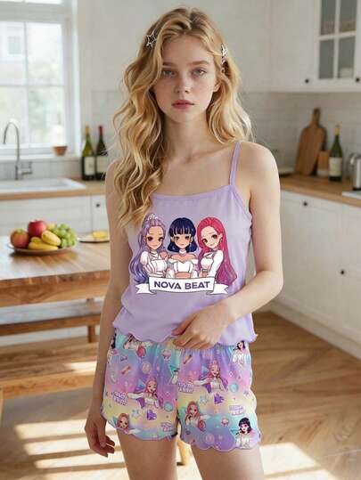 Teen Girls Pajamas 2pcs/Set Fashionable Colorful K-POP Cartoon Character Ombre Print Camisole And Shorts Pajama Set, Suitable For Summer