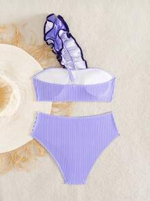 Swim Vcay 女士夏季花卉印花随机蓝白条纹荷叶边单肩上衣和高腰百搭泳裤两件套泳衣套装 - 彩色 - 查看 4