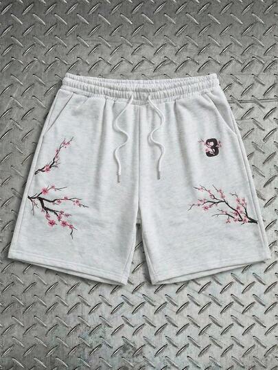 AXEPEAK Men's Branch Print Drawstring Waist Pocket Casual Shorts