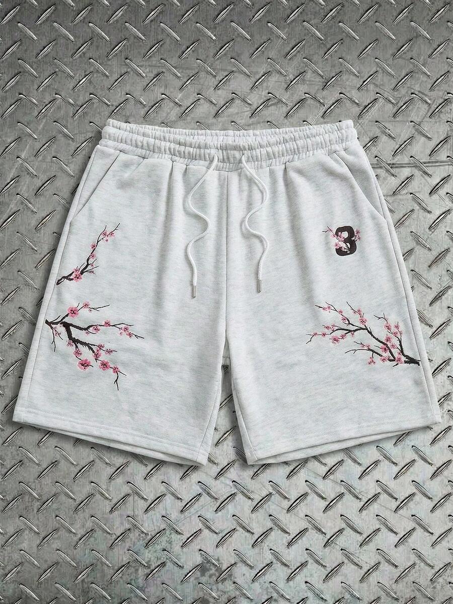 AXEPEAK 男士树枝印花抽绳腰带口袋休闲短裤 - 灰色 - 查看 1