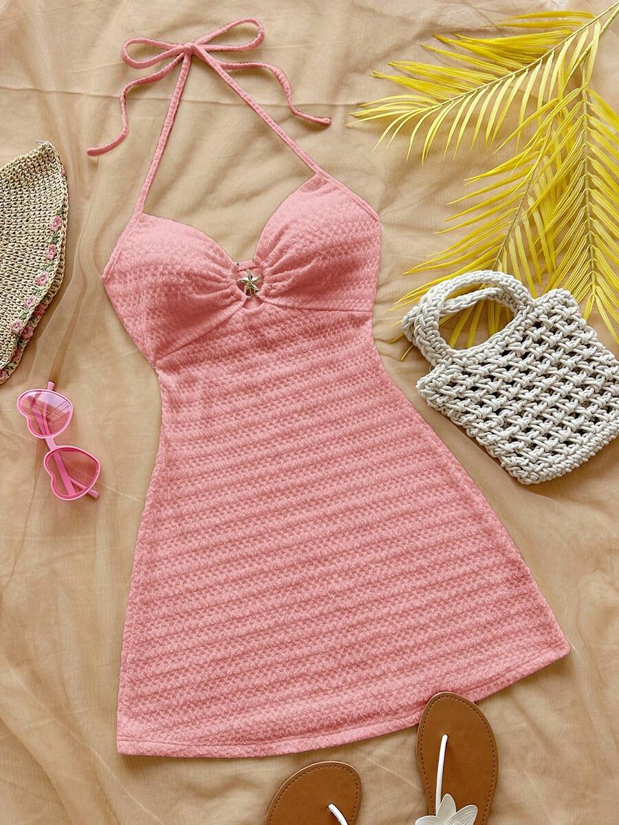 Soleia 性感V领海星金属装饰系带露背纹理面料A字迷你连衣裙，适合假日、约会、下午茶、度假、音乐节、波西米亚风等场合。 - 粉色 - 查看 1