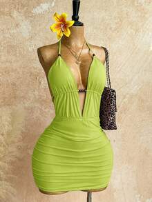 Soleia 女士性感深V露背系带迷你连衣裙，褶皱修身设计，适合派对、约会、下午茶、时尚夏季海滩度假 - 綠色 - 查看 7