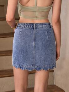 Selenza 女士休闲无弹力优雅水波纹牛仔裙 - 淺色水洗藍 - 查看 2