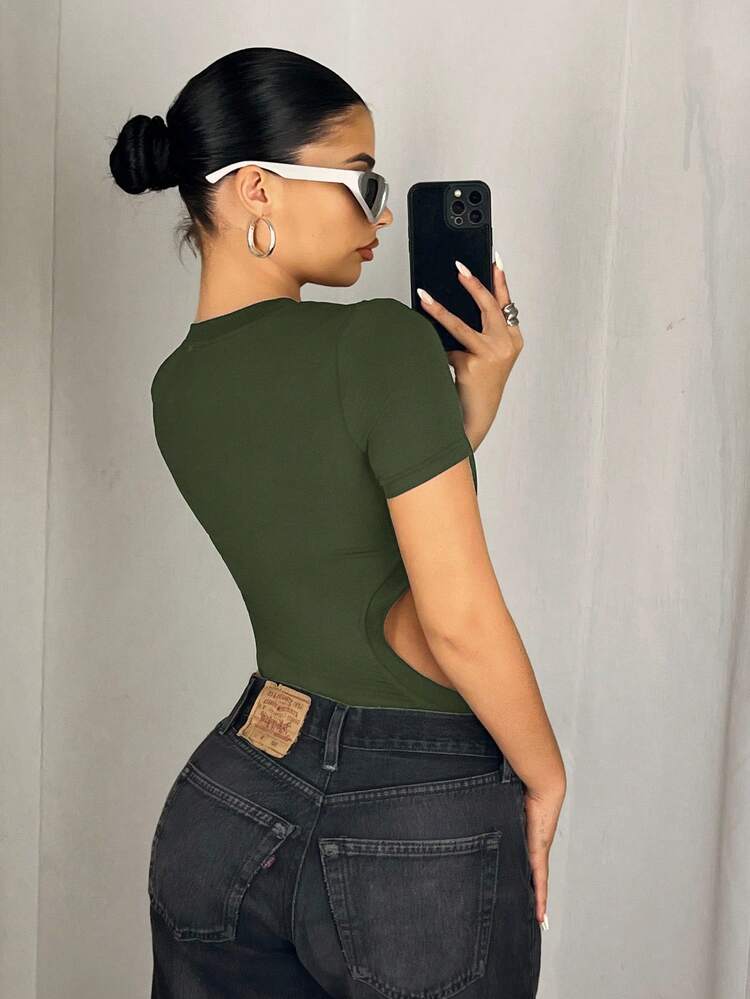 SHEIN ICON Y2K风格女士黑色高弹镂空无缝针织连体衣，运动连体衣 - 綠色 - 查看 5