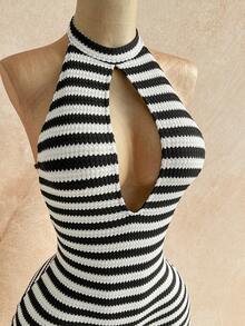 Soleia Bộ jumpsuit nữ kiểu dáng thường ngày, gợi cảm, khoét lưng, buộc nơ, cổ yếm, thích hợp cho đi biển, du thuyền, nghỉ mát thành phố, du lịch, tiệc trà chiều, dã ngoại. - Đen và trắng - Xem 3