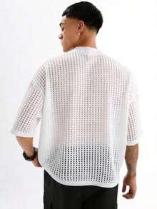 Manfinity Unisex Men's Letter Jacquard Crew Neck Short Sleeve Hollow Out Loose Knit Top - Beige - View 4