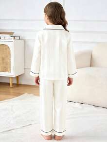 Conjunto de pijama de 2 piezas con cárdigan de manga larga a rayas color champán y pantalones para niñas - Blanco - Ver 2