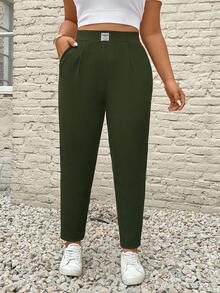 SHEIN PETITE CURVE 大码休闲高腰锥形裤 - 綠色 - 查看 4