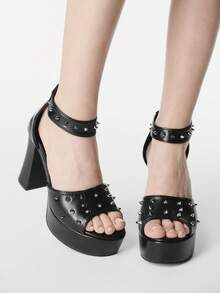 ROMWE Grunge Punk 暗黑摇滚朋克哥特风夏季露趾Y2K派对礼服鞋铆钉搭扣主题活动高跟鞋防水桌鞋女士高跟凉鞋 - 黑色 - 查看 1