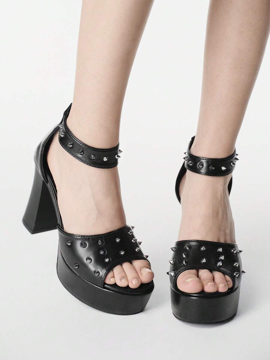 ROMWE Grunge Punk 暗黑摇滚朋克哥特风夏季露趾Y2K派对礼服鞋铆钉搭扣主题活动高跟鞋防水桌鞋女士高跟凉鞋 - 黑色 - 查看 1