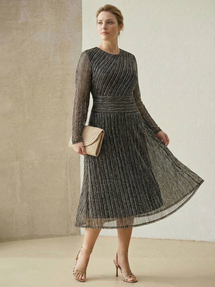 PLUS SIZE AUTUMN/WINTER PARTY/DATE PLEATED METALLIC MESH ROUND NECK LONG SLEEVE DRESS