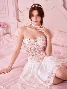 INS 时尚聚拢紧身文胸，花卉刺绣衬垫文胸，蕾丝花边，露背吊带短款上衣，适合夏季 - 淺粉色 - 查看 9