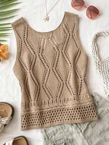 Travachic Women's Brown Hollow-Out Knit Loose Tank Top, Summer Vacation, Christmas Party, Elegant New Year's Eve, Casual Going Out, Tank Top - Brown - View 7