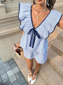 Pariaura 女士新款V领蝴蝶结荷叶边上衣+短裤两件套 - 藍白色 - 查看 6