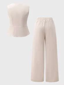 Conjunto formal de top sin mangas de apertura frontal + pantalones rectos holgados de unicolor tejido para niñas adolescentes, elegante para ir a la escuela o eventos - Caqui - Ver 2