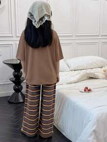 DAZY Tween Girl Letter Print Round Neck Short Sleeve Top And Striped Print Pants Pajama Set - Brown - View 7