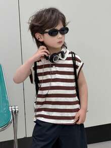 DAZY Bộ áo polo và quần short kẻ sọc thời trang thường ngày cho bé trai mùa hè, thích hợp cho kỳ nghỉ, đi làm, đi chơi, dạo phố. - màu nâu - Xem 3