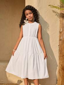 Elegant White Summer Sleeveless Dress For Tween Girls,Wedding Party Simple Full Skirt With Button Details,Perfect For Vacation & Everyday Wear - White - View 8