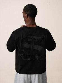 STYNVO 男士休闲时尚街头通勤字母刺绣落肩宽松T恤，夏季 - 黑色 - 查看 4