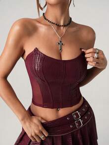 SHEIN ICON Women's Solid Color Fashionable Bandeau Top, Short Fitted Ribbed Design - Burgundy - View 5