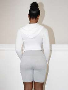 Steph T Women's Hooded Drawstring Waistband Zipper Design Pockets Short Fitted Length Sweatshirt With Long Sleeves,Long Sleeve Tops Jacket - White - View 2