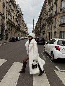 ORNATELLA 女士长款蓬松领优雅现代时尚夹克，适合节日聚会服装 - 白色 - 查看 3