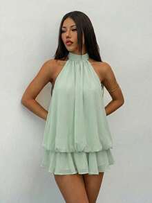 SHEIN PETITE 优雅的浅黄色无袖系领迷你连衣裙，适合派对、约会、秋冬季和春夏季穿着。 - 薄荷綠 - 查看 4