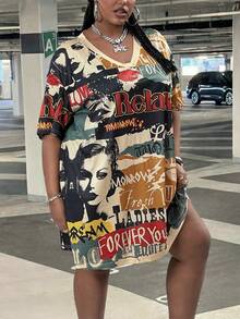 SHEIN CURVE+ 大码女式V领短袖宽松休闲针织迷你连衣裙，Y2K风格街头风，复古海报图案，返校季，运动季 - 彩色 - 查看 4