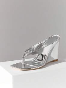 SHUZIA 女士舒适人字拖坡跟凉鞋 - 銀色 - 查看 6