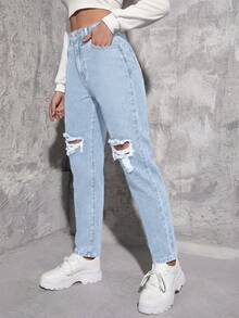 SHEIN ICON Jeans de mezclilla desgastados de cintura alta informal - Azul y blanco - Ver 3