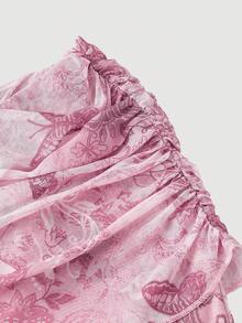 SHEIN MOD 女士休闲日常浪漫蝴蝶印花喇叭裤，带缎带装饰 - 彩色 - 查看 4