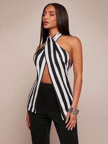 Radiana 女士性感简约时尚黑白条纹露背吊带上衣，性感露背上衣，条纹上衣，交叉吊带系带上衣 - 黑與白 - 查看 6