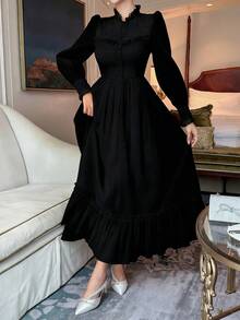 DAZY 女士优雅蕾丝拼接立领花瓣袖连衣裙，秋季吊带裙 - 黑色 - 查看 3