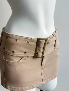 Elamini Jupe mini en jean moulante avec ceinture à œillets et boucle, style décontracté, quotidien et de rue. Couleur unie minimaliste, pour l'été - Kaki - Voir 5