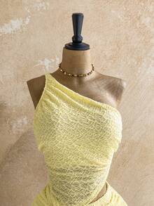 Soleia Conjunto de top camisola asimétrico de cuello de halter y textura de punto cruzada + falda ajustado de cintura con cordón y textura de punto para vacaciones - Mostaza Amarilla - Ver 6