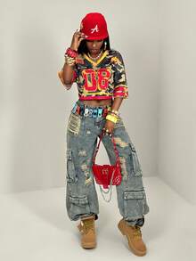 BamGleam 限量版夏季返校迷彩撞色数字印花网眼T恤，美式运动风V领短款上衣，校园辣妹健身舞蹈服短袖 - 彩色 - 查看 1