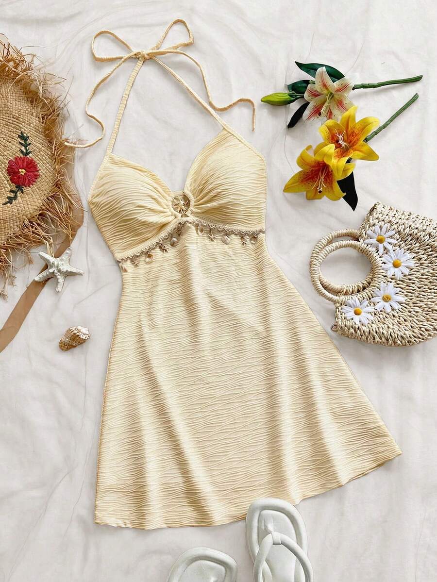 Soleia 春夏新款休闲度假西部海滩婚礼宾客着装毕业早午餐圣帕特里克节春假复活节音乐节优雅波西米亚热带露背纹理针织金属装饰A字吊带迷你连衣裙女装 - 淡黃色 - 查看 1