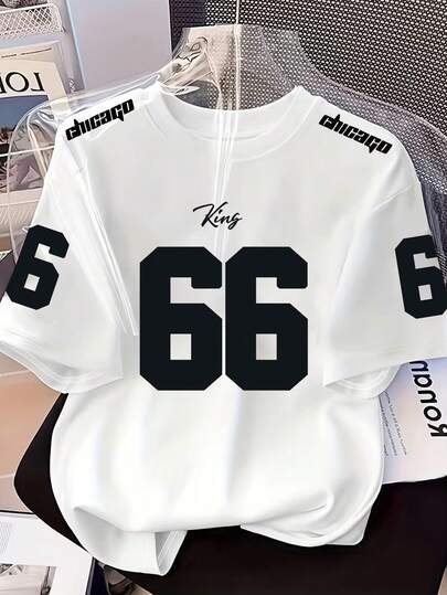 Camiseta de manga corta casual y holgada con cuello redondo para adolescentes, con estampado numérico 66 y letras "Chicago King", estilo callejero americano