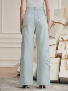 Anewsta 彩色刺绣休闲裤，带腰带环，直筒裤型，花卉图案 - 綠色 - 查看 7