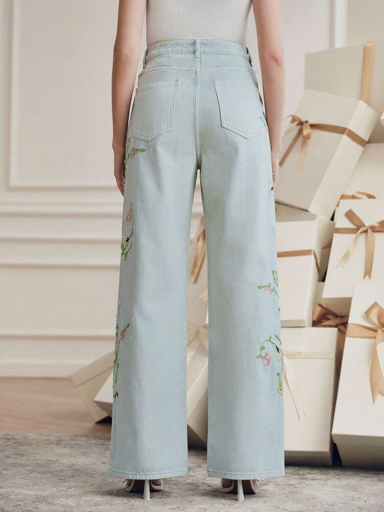 Colorful Embroidered Casual Pants With Belt Loops, Straight Leg, Floral Design Jeans With Designs Flower Jeans Summer Jeans Easter Floral Jeans