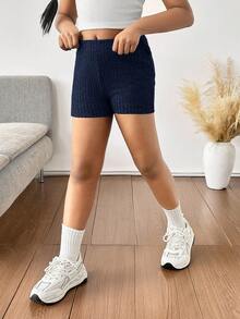 Tween Girl Ribbed Knit Skinny Shorts Leggings, Navy Blue, Back To School, Mommy And Me Matching,Kids - Navy Blue - View 4