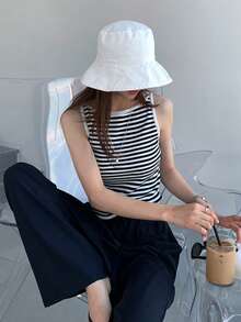 DAZY Women's Sleeveless Striped Knit Tank Top, Casual Layering Vest - Black and White - View 8