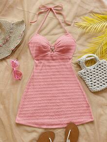 Soleia 性感V领海星金属装饰系带露背纹理面料A字迷你连衣裙，适合假日、约会、下午茶、度假、音乐节、波西米亚风等场合。 - 粉色 - 查看 4